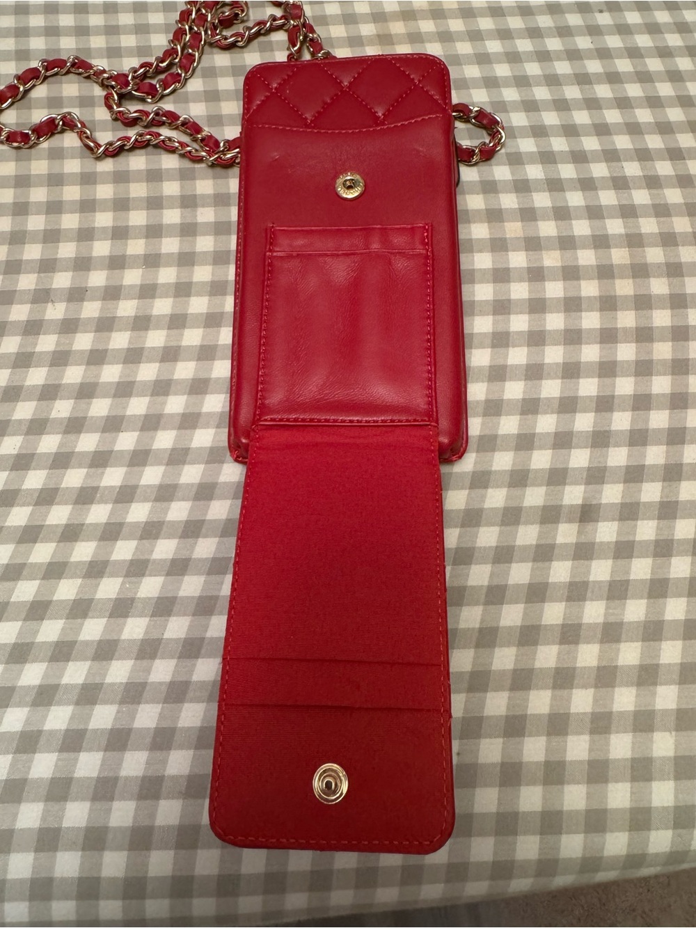 Quilted Red Leather Chain Crossbody Phone Pouch with Gold CC - Picture 2 of 8